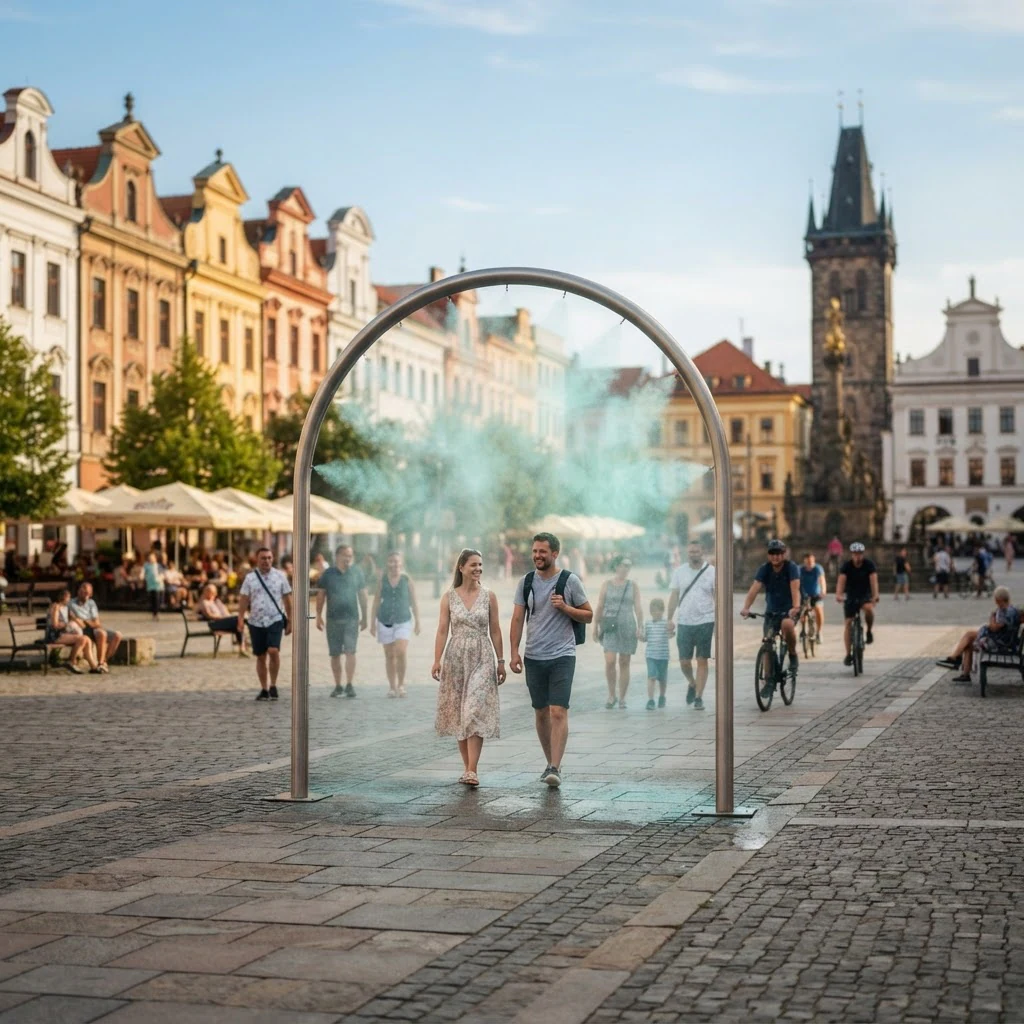 Mlžná brána MLŽIDLA® ochlazuje městské náměstí