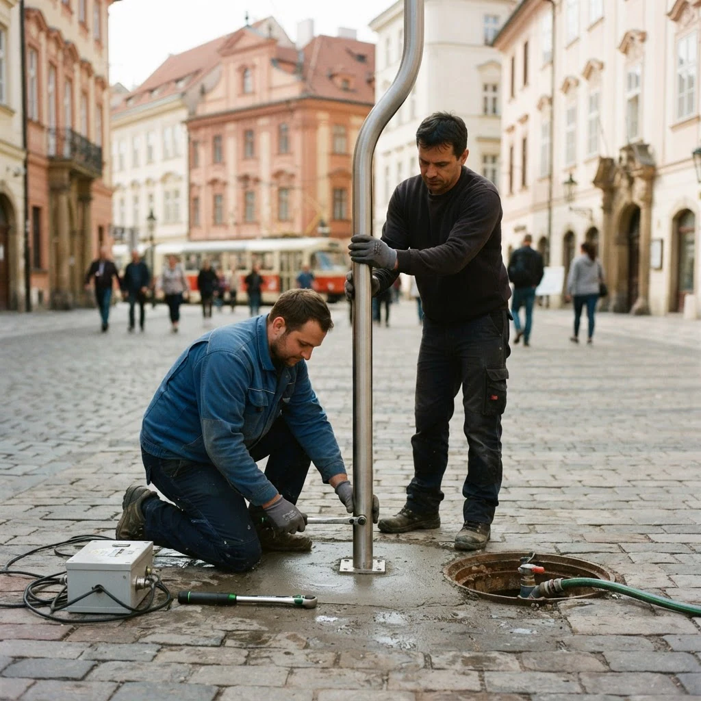 Instalace nerezového mlžného sloupu na promenádě
