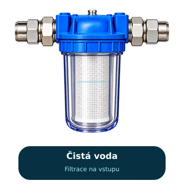 Výřez vodního filtru s modrou hlavou a průhlednou nádobou.