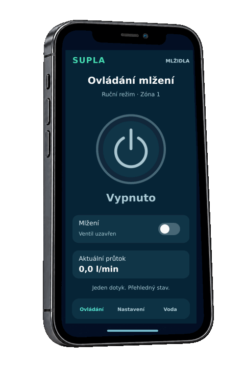 Vizualizace ovládání SUPLA v mobilu: vypnutí, zapnutí, konfigurace zón a přehled spotřeby vody s průtokem. Ukázková data.